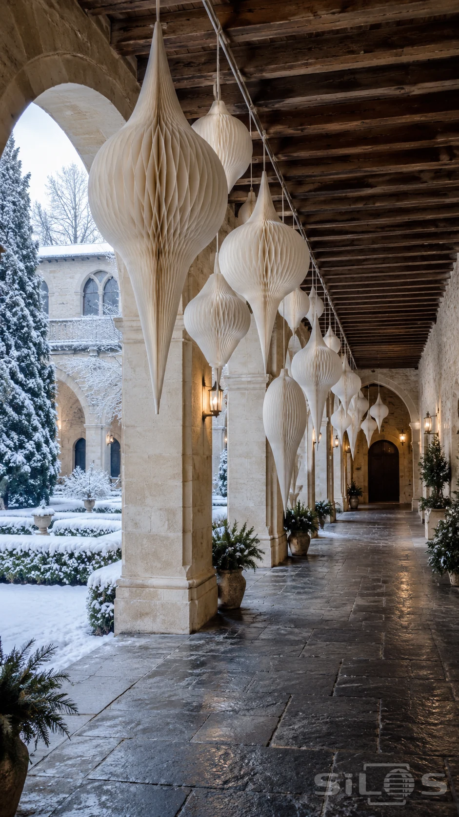 Large ivory honeycomb paper decorations with long pointed tails hang from timber beams above a stone arcade beside a snowy courtyard.