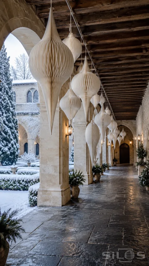 Large ivory honeycomb paper decorations with long pointed tails hang from timber beams above a stone arcade beside a snowy courtyard.