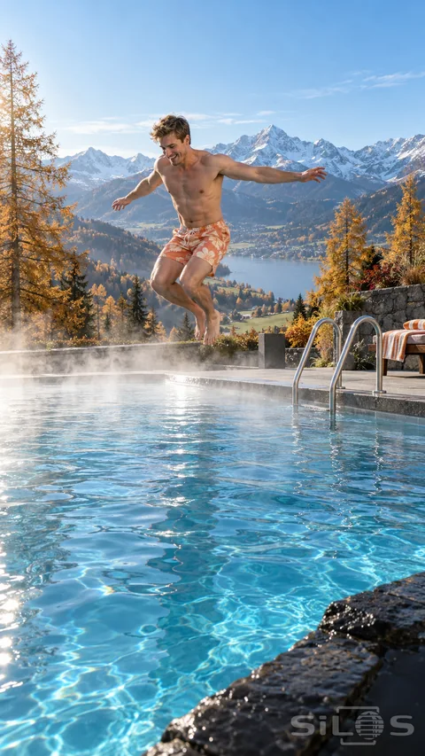 A man in peach printed swim shorts jumps feet-first toward an outdoor pool with golden trees and mountains beyond.