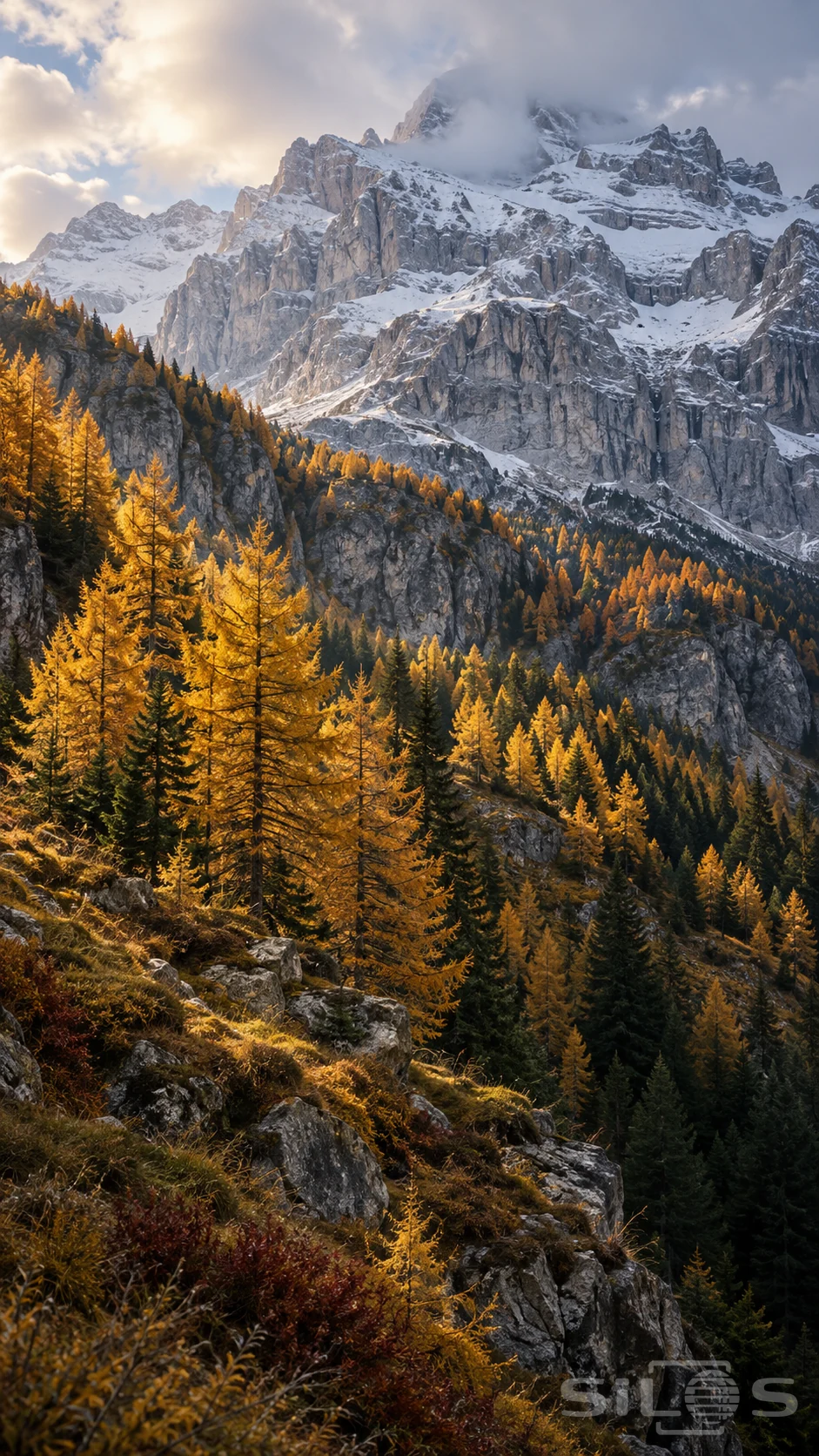 Golden larches with airy yellow needles rise among dark evergreens below towering gray cliffs covered in patches of snow.