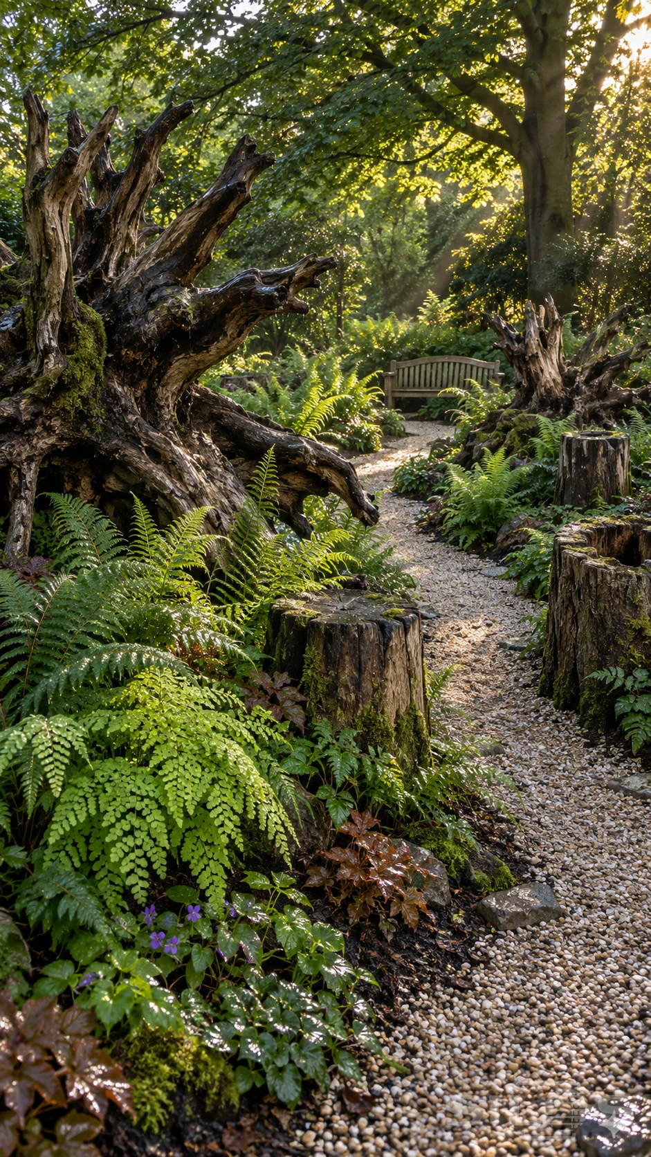 Stumpery ferns surround twisted roots and cut logs beside a pale gravel path leading to a wooden bench under leafy trees.