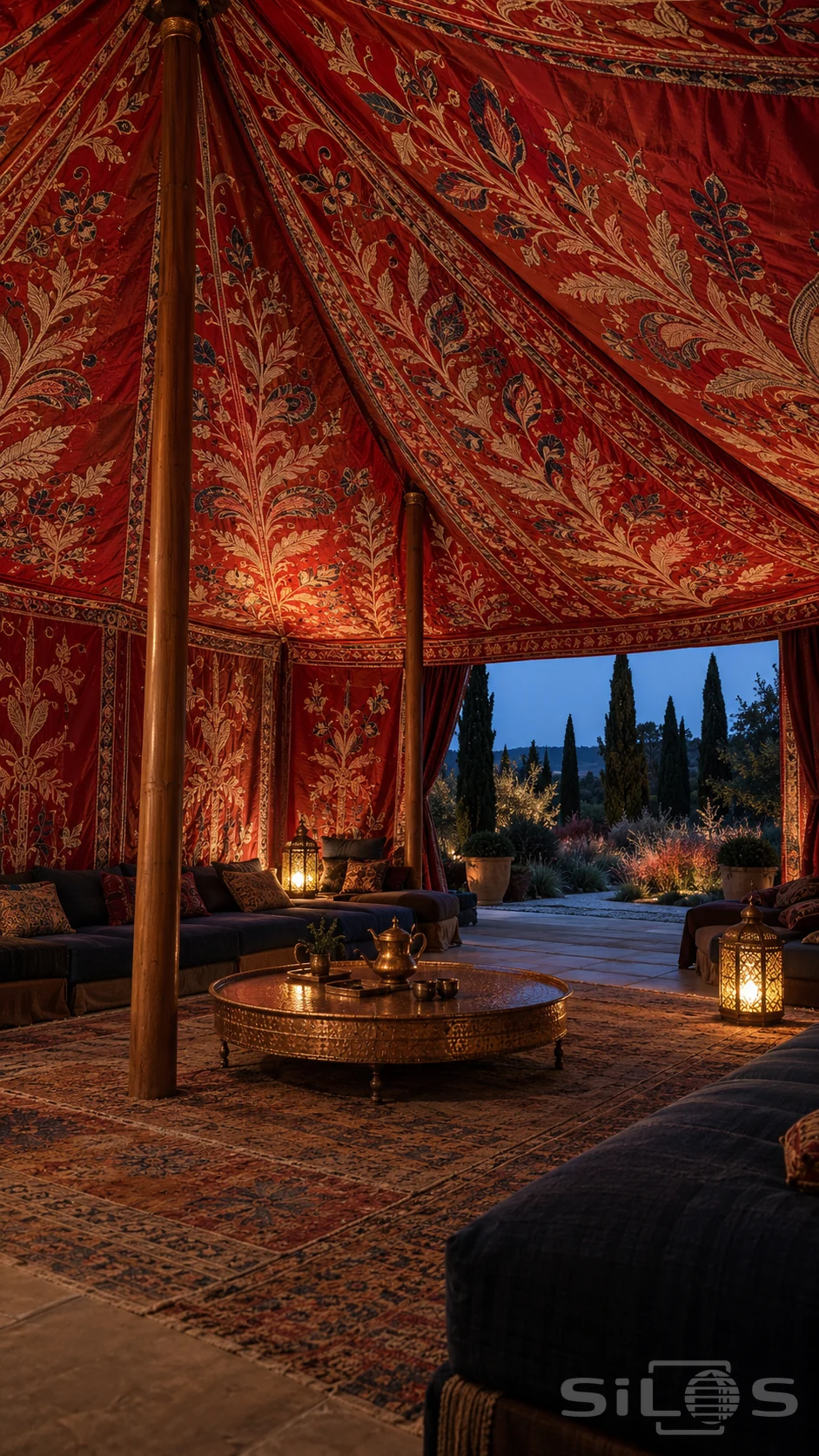 A crimson embroidered tent pavilion with timber poles, indigo divans, a low copper table and a blue dusk garden beyond.