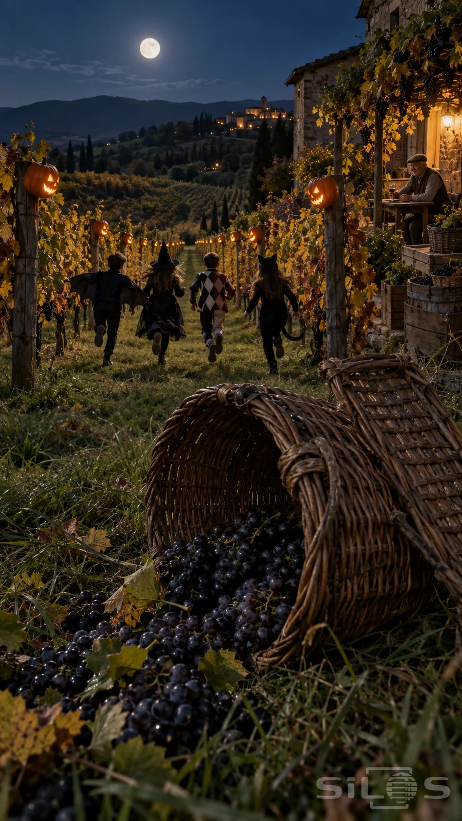 Tipped wicker basket spilling dark grapes in a moonlit vineyard as four costumed children run between rows of glowing pumpkins.