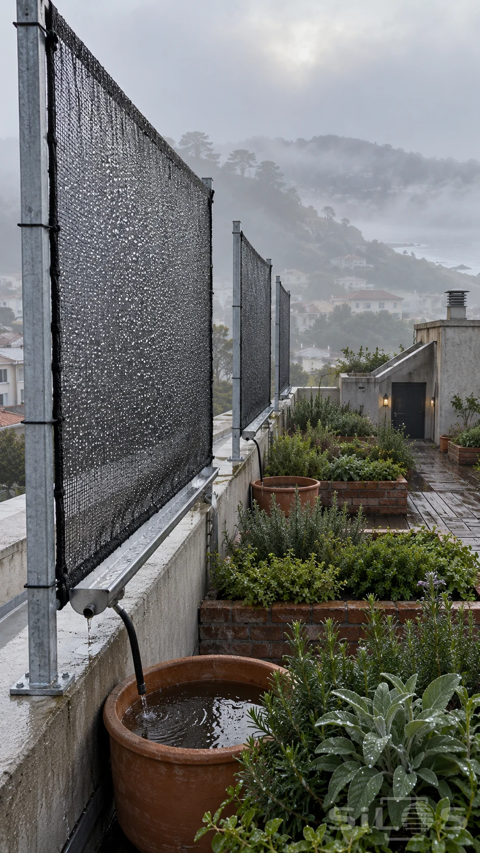 Fog nets collect condensation along a rooftop herb garden, with gutters and small hoses draining into terracotta basins beside leafy beds.
