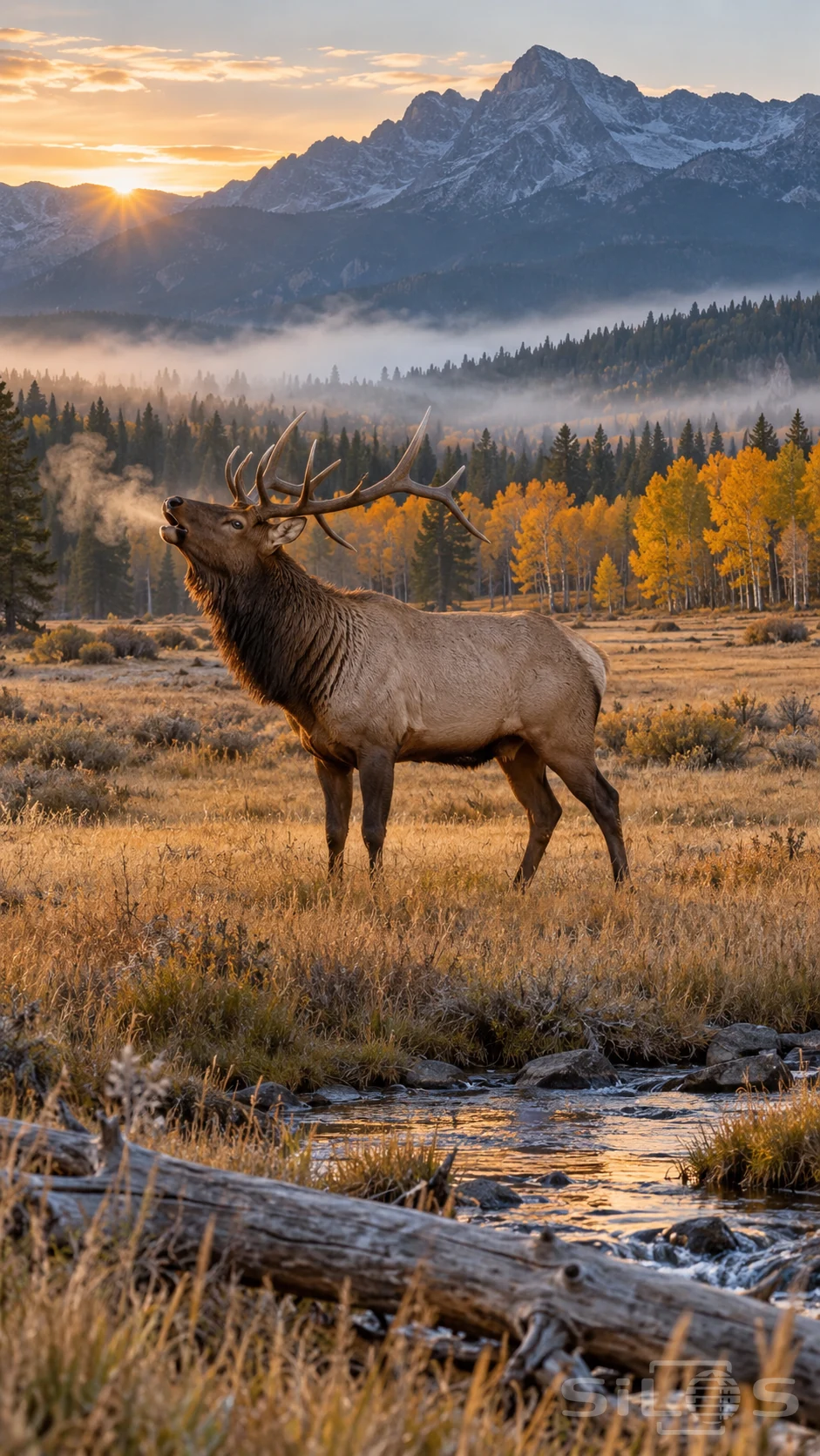 A bugling elk stands in an autumn meadow with breath beside its raised muzzle and mountain mist beyond gold aspens.