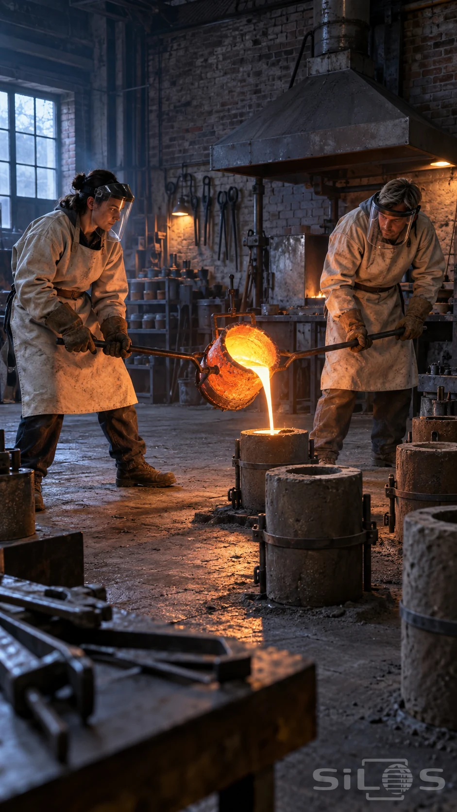 Two protected workers guide a glowing crucible during a bronze foundry pour into a mould on the floor.