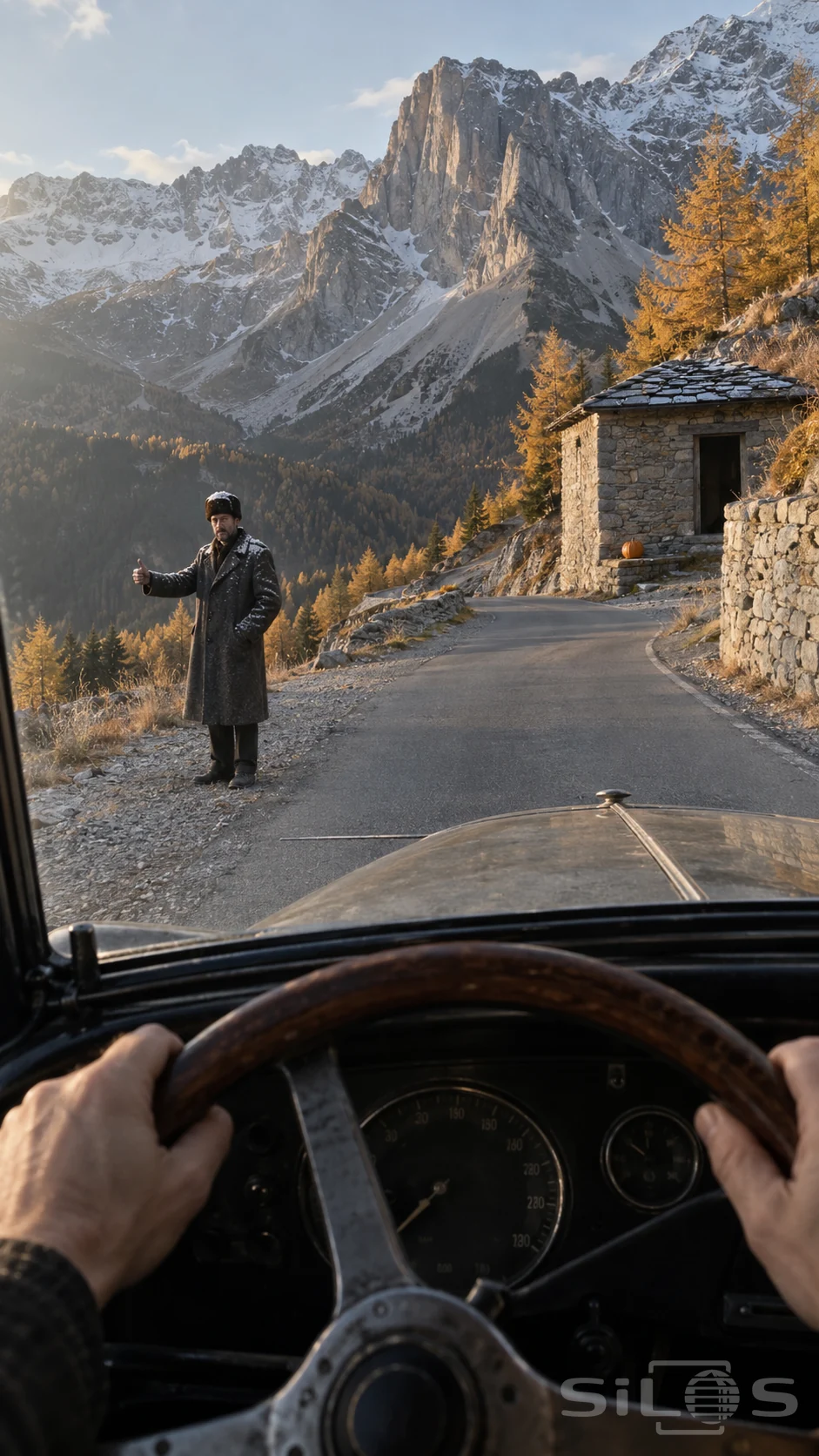 A man with snow on his dark coat stands beside an alpine road, viewed over a wooden steering wheel.