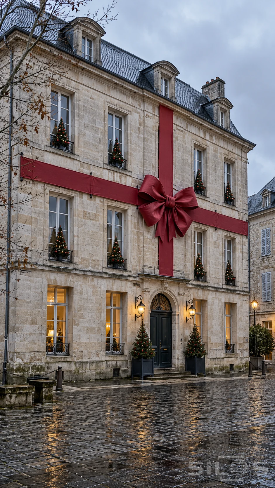 Rose-red fabric ribbon and bow attached to a pale stone facade with evergreen window trees above a wet cobbled square.
