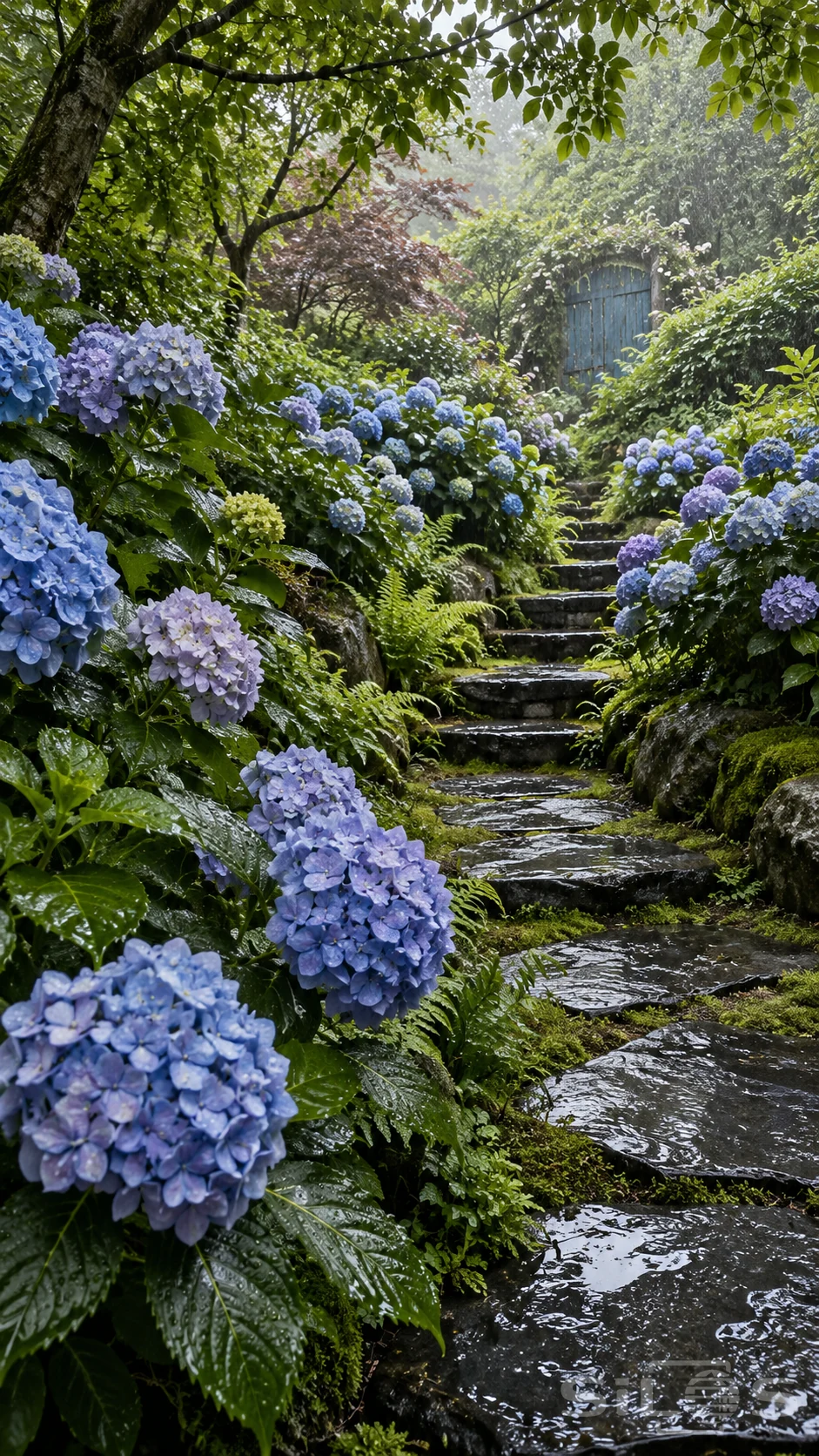 Blue hydrangeas line a rainy stone path that climbs through ferns toward a hidden blue wooden gate.