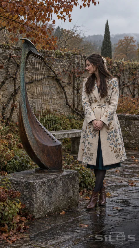 Garden wind harp with copper curves and taut strings beside a woman in a patterned wool coat on wet stone paving.