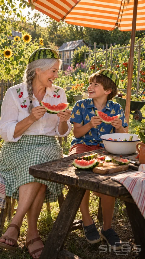 A grandmother and young grandson wear green watermelon crowns and laugh over fruit slices beneath an orange-striped garden parasol.