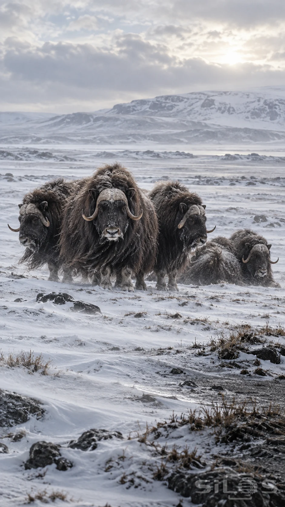 Four muskoxen with shaggy brown coats gather on snowy tundra beneath low white hills and a cloudy sky.