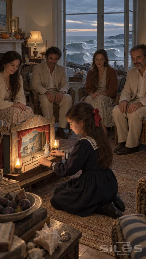 A girl in a navy sailor dress kneels at a candlelit paper theatre while four adults watch from wicker chairs and frozen waves curl outside.