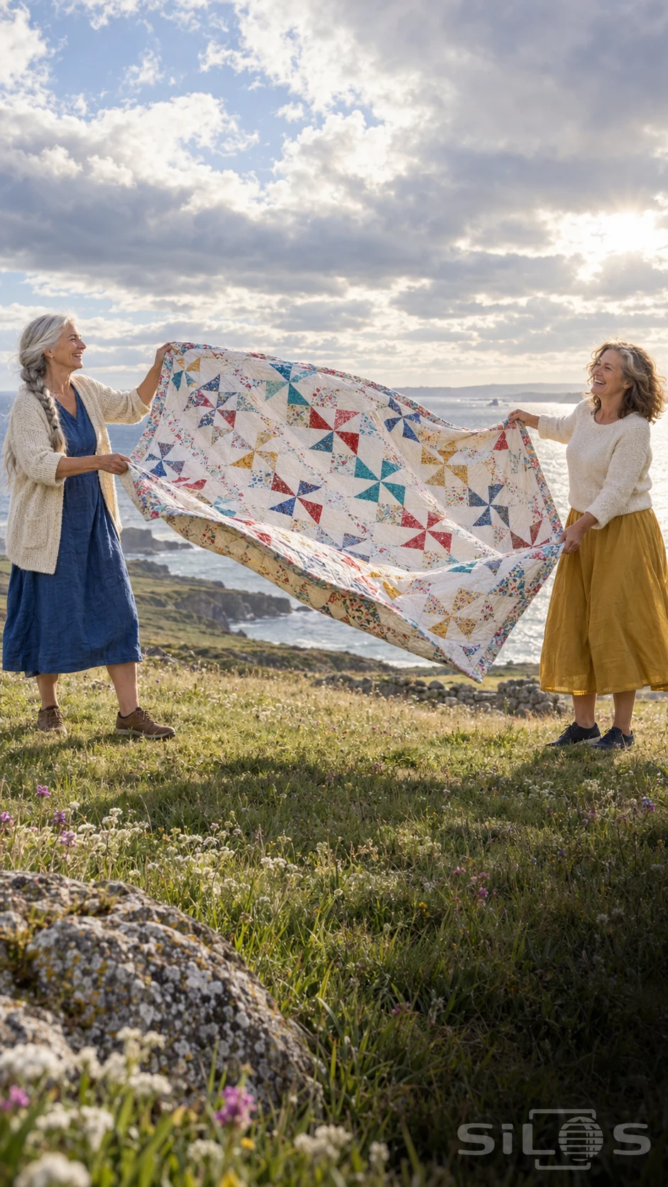Two older women hold a colorful patchwork quilt between them on a sunlit grassy hillside above the sea.