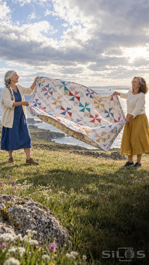 Two older women hold a colorful patchwork quilt between them on a sunlit grassy hillside above the sea.