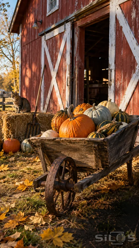 A weathered wheelbarrow filled with colourful pumpkins stands beside a red barn with a tabby cat sitting on a straw bale.