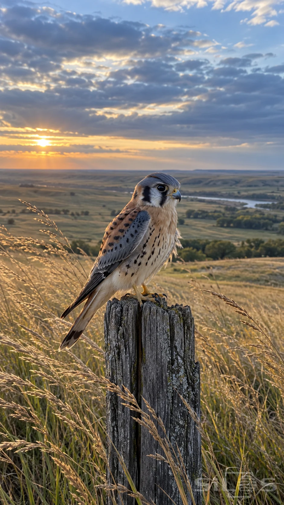 An American kestrel perches on a weathered fence post above golden prairie grass beneath a clouded sunrise.