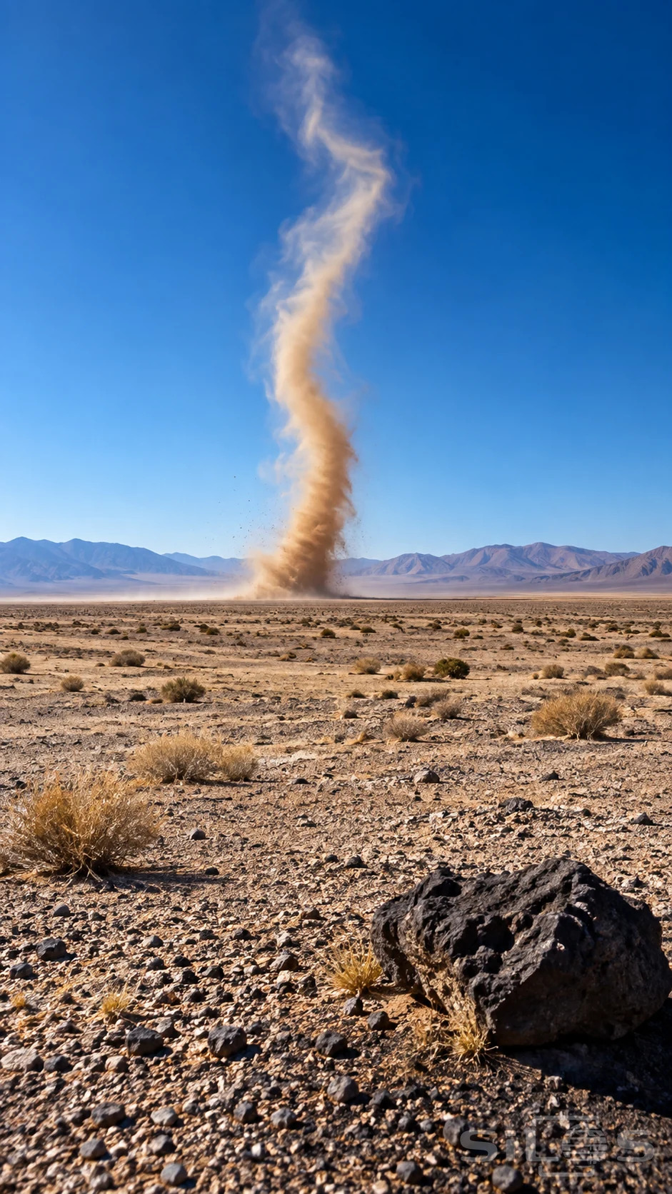 A golden dust devil rises from a wide gravel plain with scattered shrubs, dark foreground stones and distant mountains.