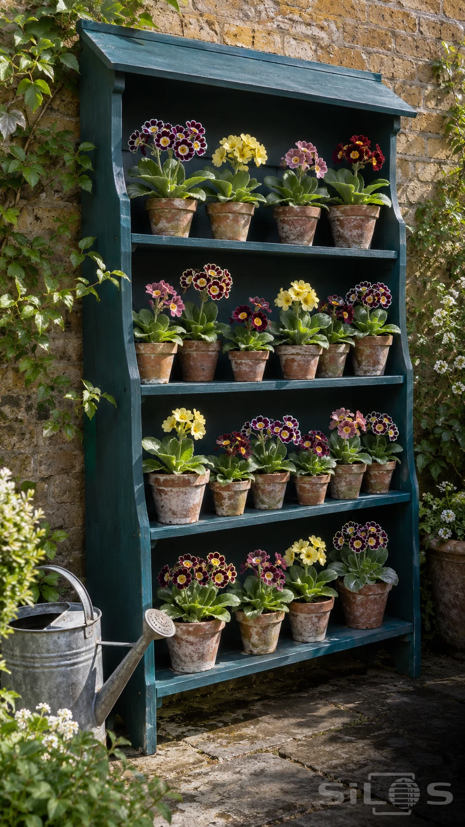 An auricula theatre holds terracotta pots of purple, pink, red and yellow flowers on four teal shelves beside a metal watering can.