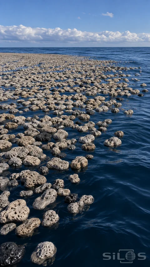 A pumice raft of separate pale porous stones floats on blue water; with small channels and a low cloud-lined horizon.