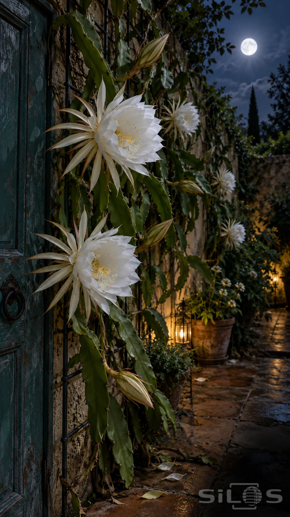 Night-blooming cereus flowers open on flat green stems beside a teal door, ochre wall and a small warm lantern.