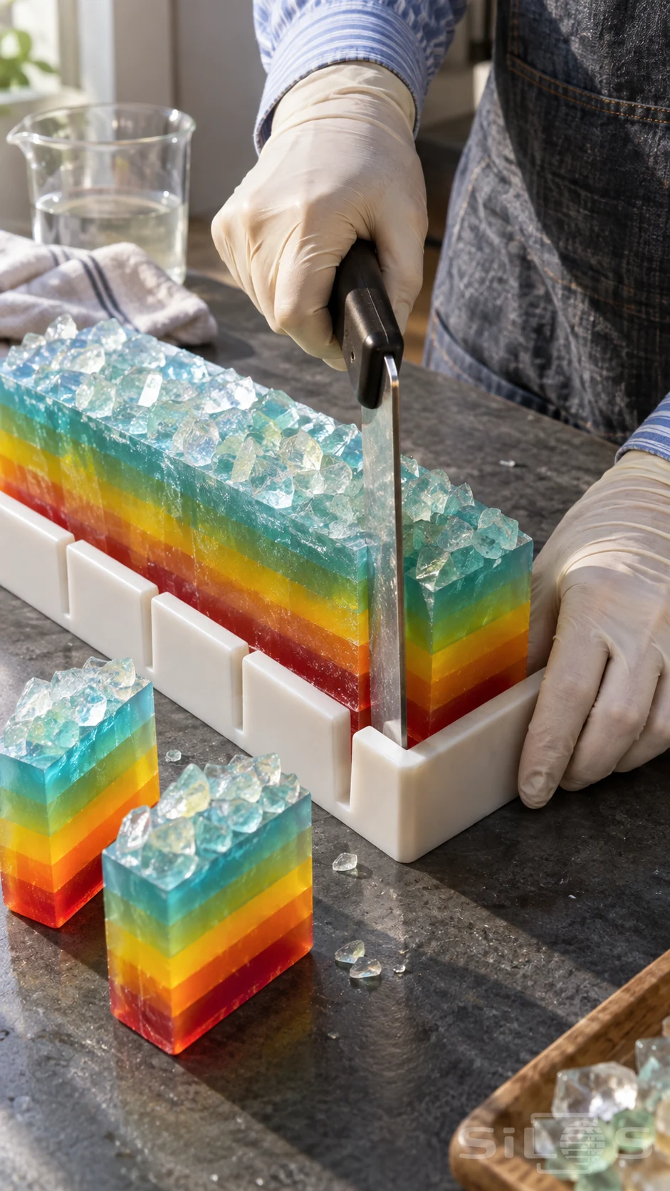 Gloved adult hands cut a rainbow soap loaf with red, yellow, green and turquoise layers in a white guide.