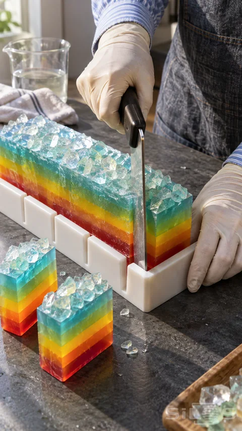 Gloved adult hands cut a rainbow soap loaf with red; yellow; green and turquoise layers in a white guide.