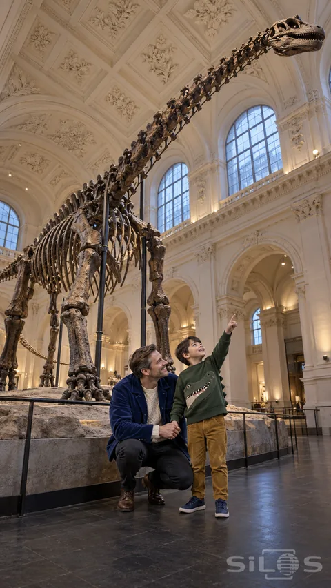 A father crouches beside his pointing son beneath a huge long-necked dinosaur skeleton in an ornate museum hall.