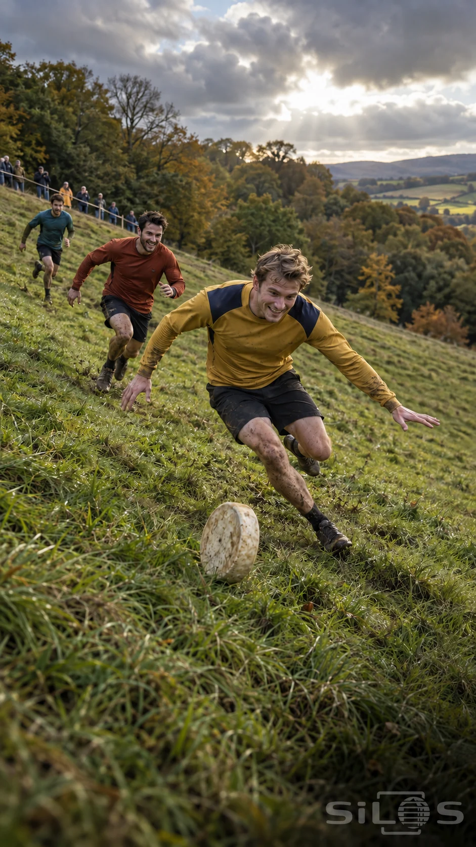 Cheese rolling race with three men chasing a pale wheel across an autumn hillside, with spectators behind a rope.