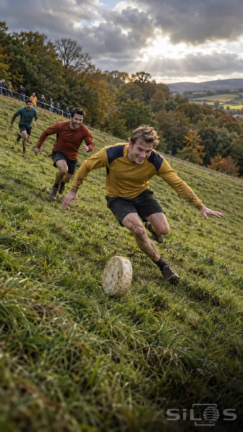Cheese rolling race with three men chasing a pale wheel across an autumn hillside; with spectators behind a rope.