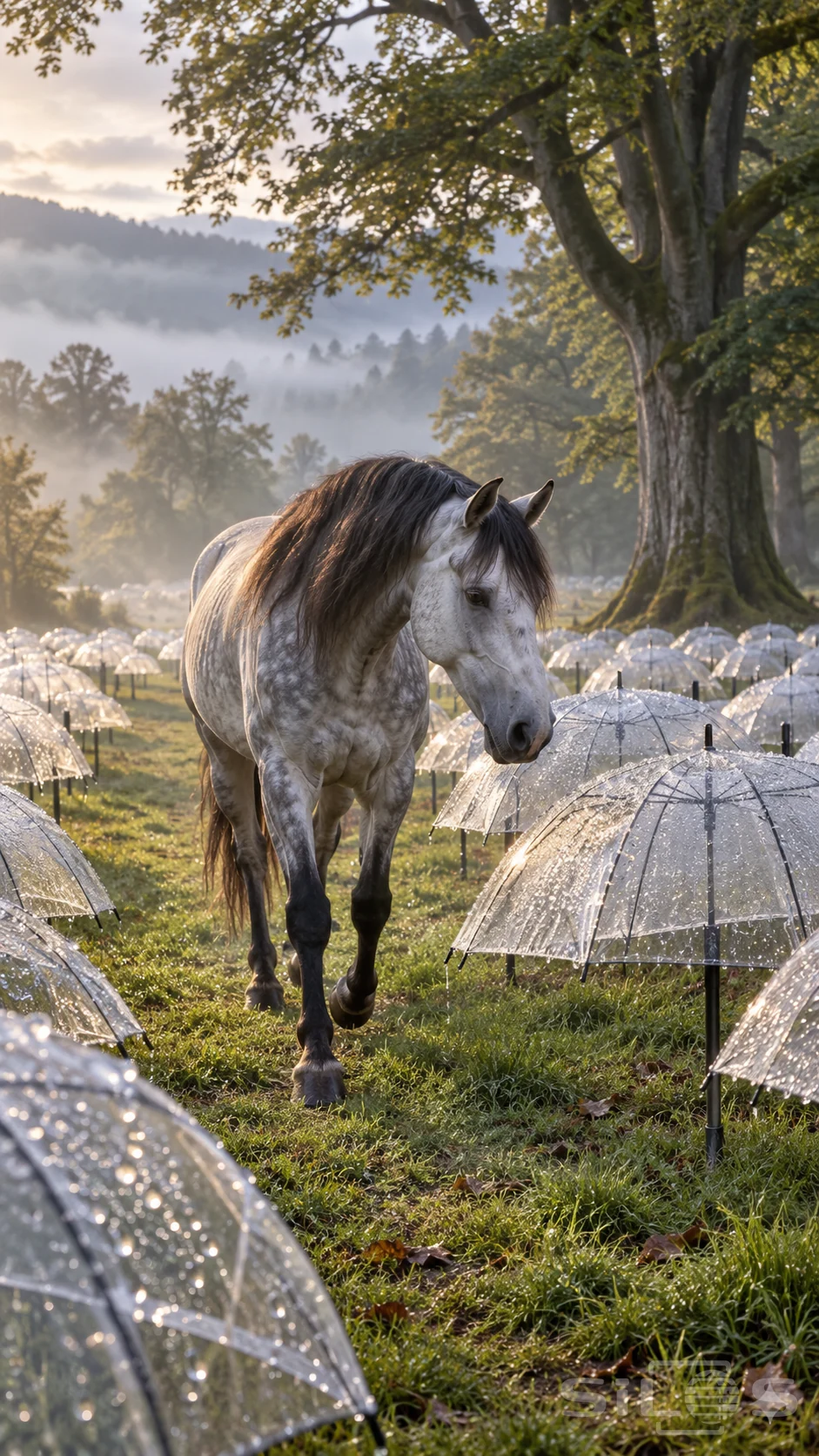 A dapple-gray horse walks through an umbrella meadow between clear domes on damp grass beneath a large beech tree.