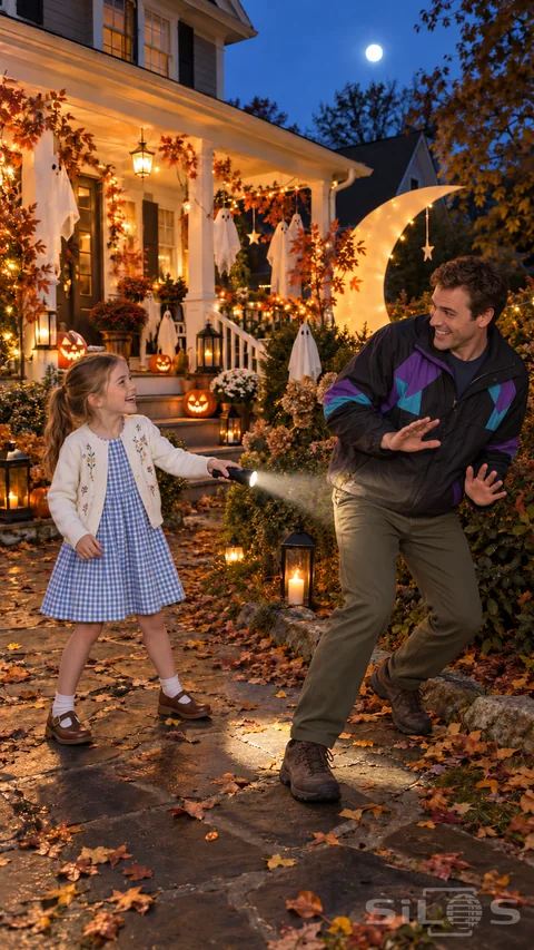 A girl in a gingham dress catches her father with a flashlight during Halloween flashlight tag in a decorated moon garden.
