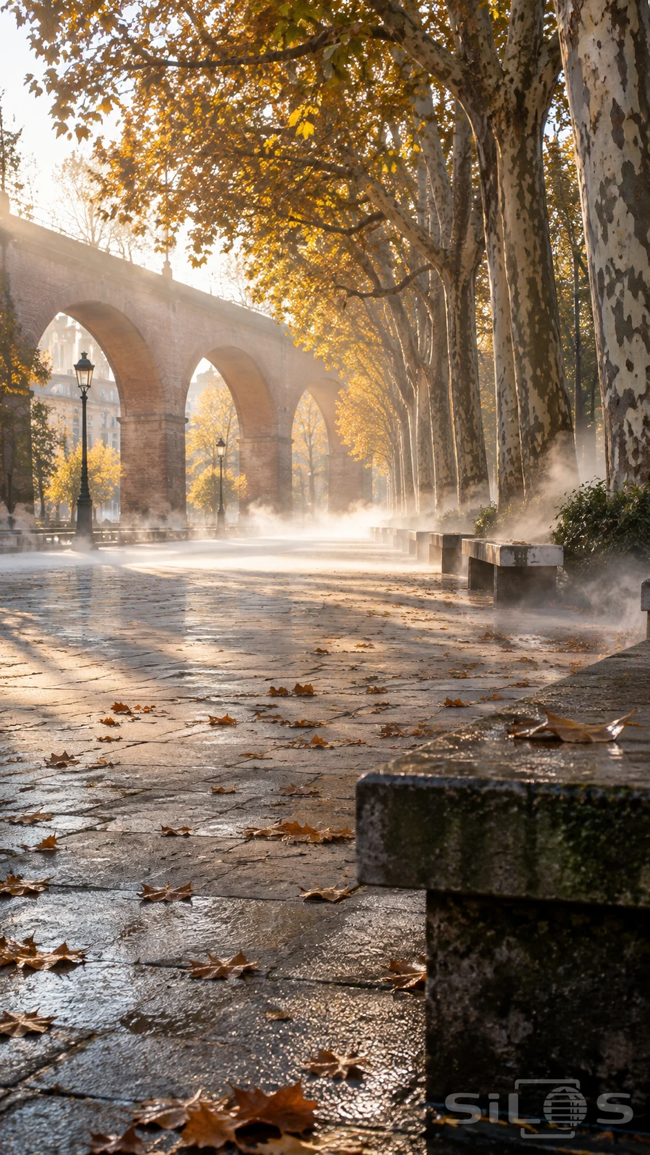 Misty autumn promenade with plane trees, stone benches, fallen leaves and brick viaduct arches in warm morning light.