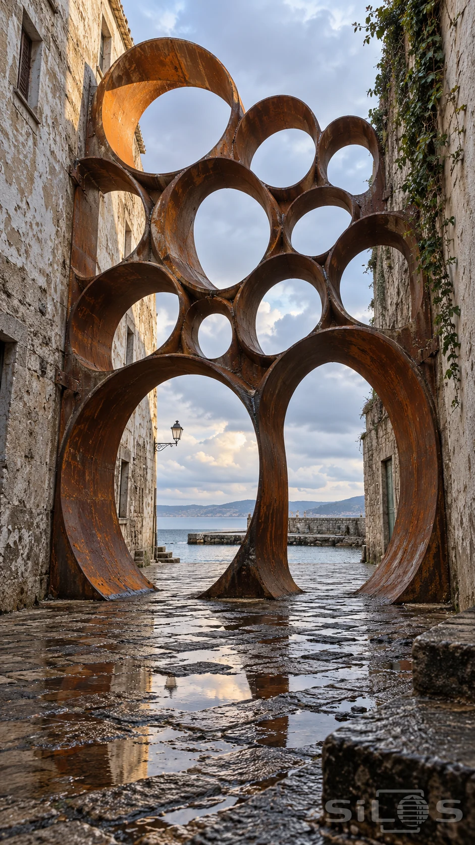 Broad rusted steel rings form a tall gateway between stone walls, with two large openings onto a quiet harbor.