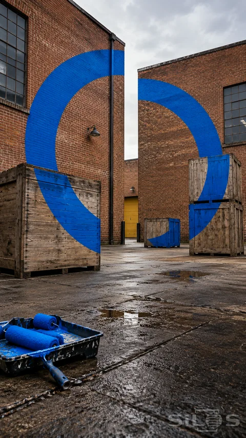 Anamorphic courtyard art with cobalt painted arcs aligning into a large ring across brick warehouse walls and stacked wooden crates.