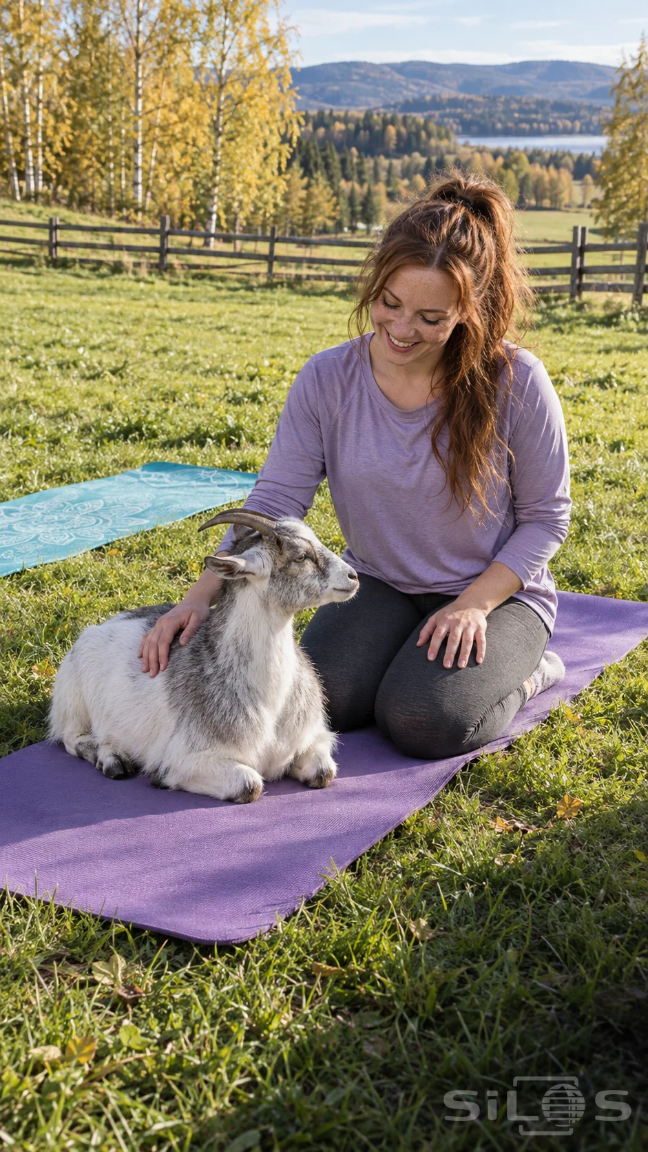 A seated woman in a lilac top laughs beside a white-and-gray goat resting across a purple yoga mat on grass.
