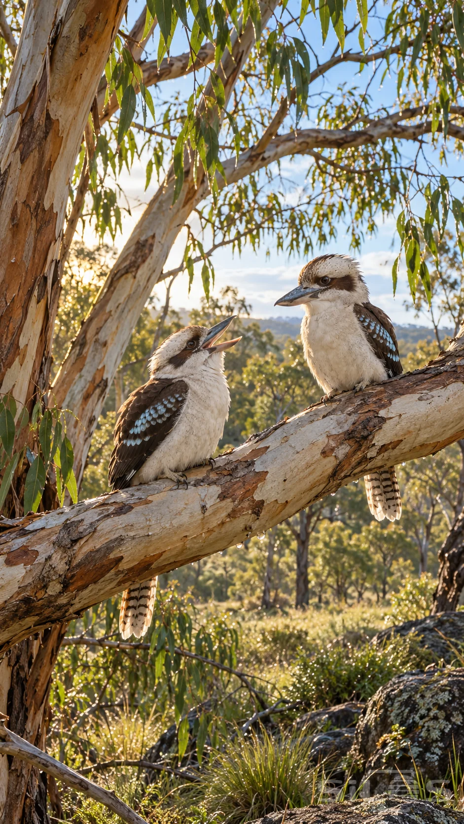 A kookaburra opens its bill toward a companion on a peeling gum branch in sunlit woodland with both barred tails visible below.