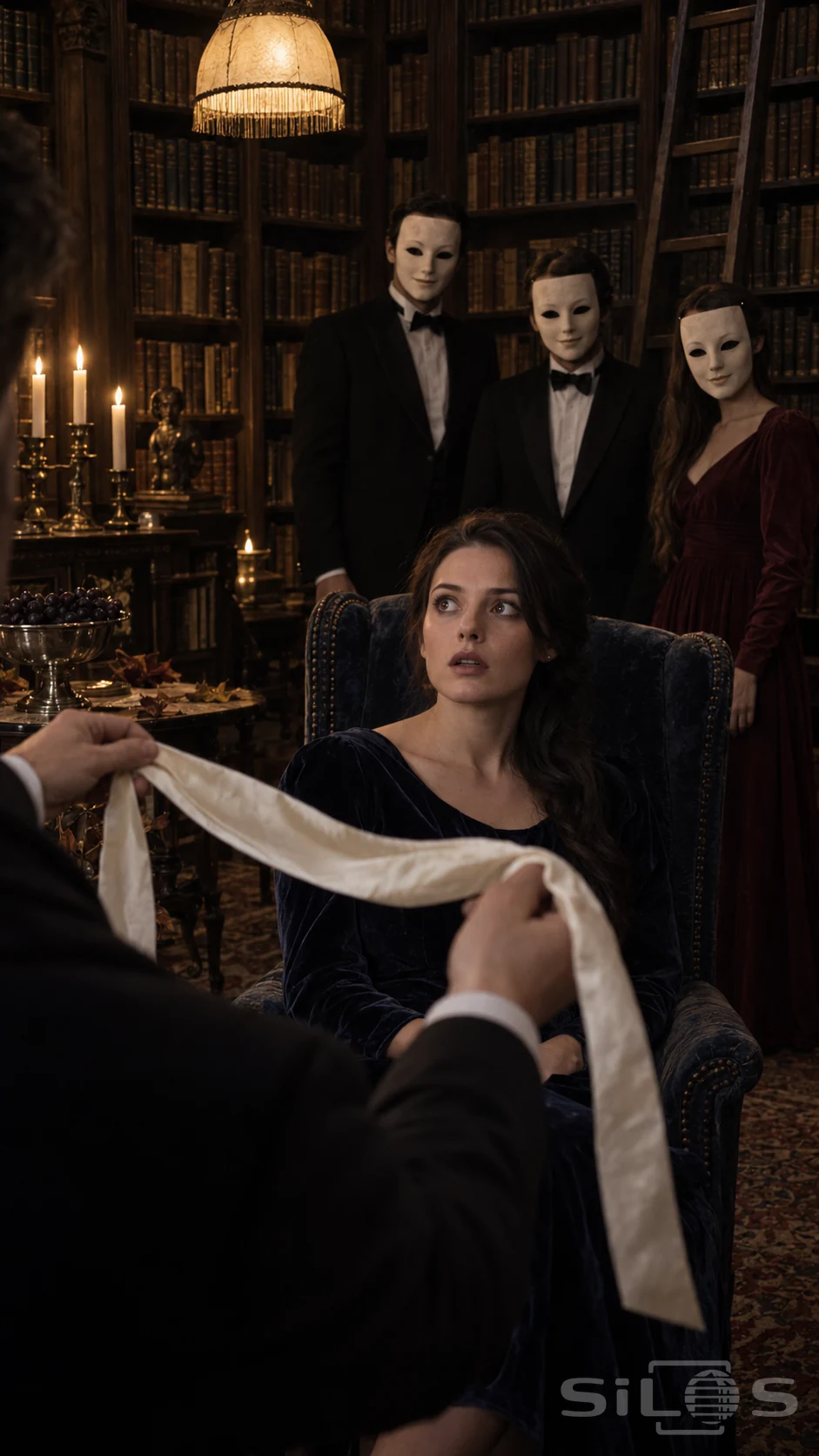 A woman in blue velvet sits in a library as a host removes her silk blindfold and three guests behind her wear matching ivory masks.