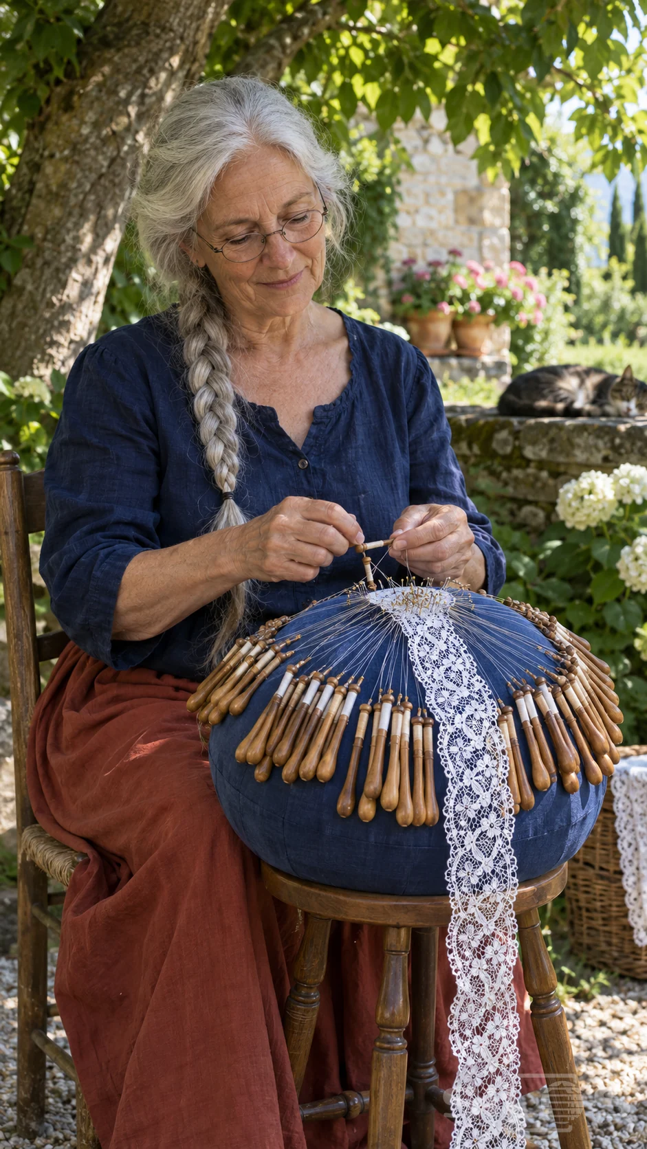 An older woman makes white bobbin lace on a round blue pillow, with wooden bobbins fanned around the pinned pattern.
