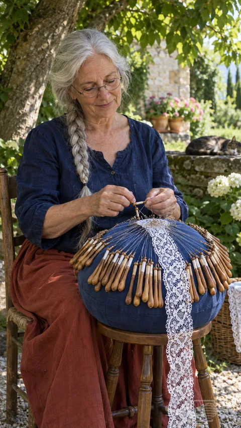 An older woman makes white bobbin lace on a round blue pillow; with wooden bobbins fanned around the pinned pattern.