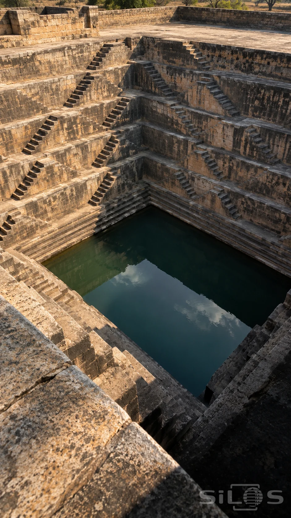 A stone stepwell descends in zigzag stair flights toward a dark jade pool, viewed obliquely from above.
