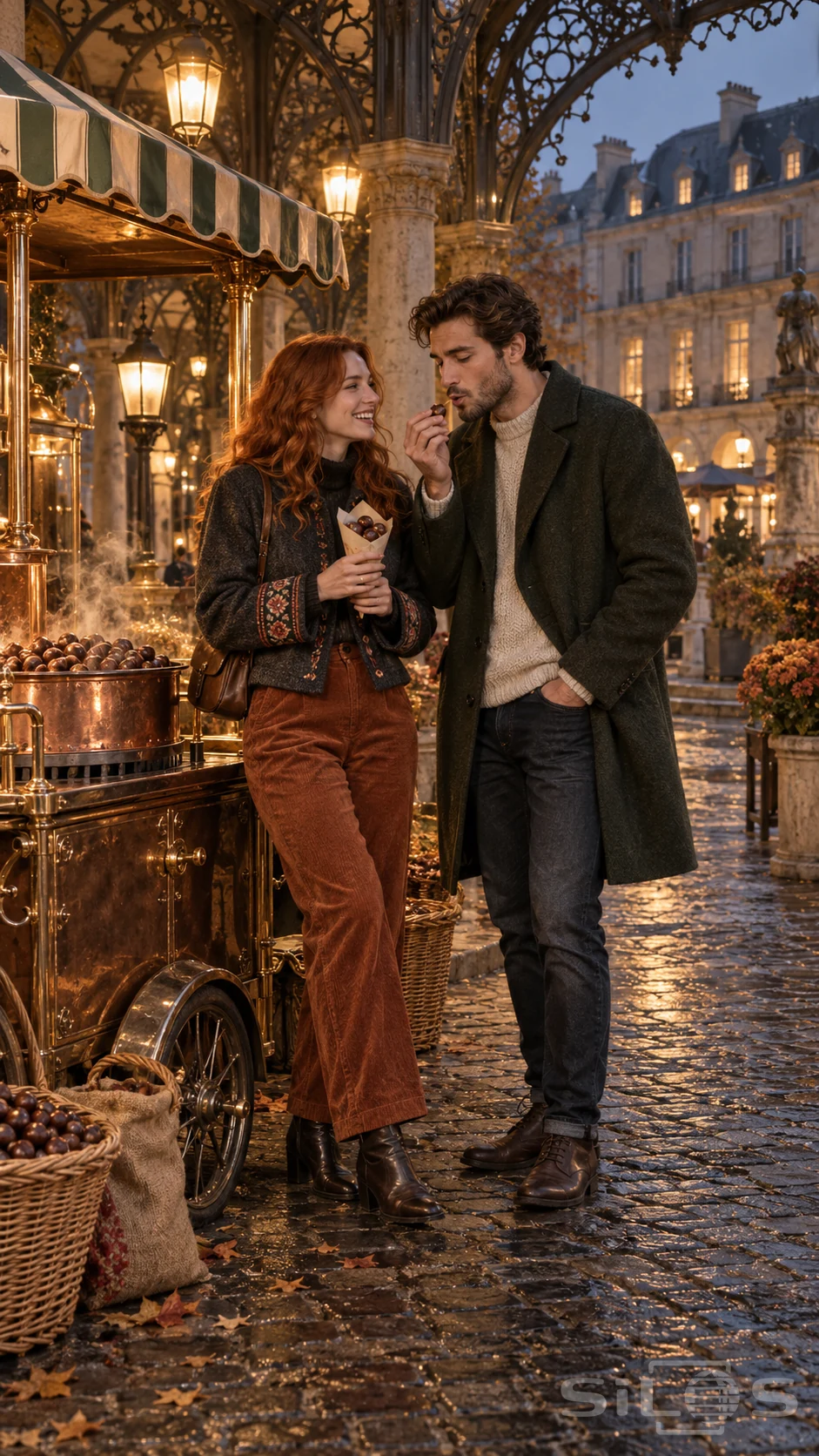 Two friends share a chestnut market moment beside a steaming copper cart beneath a lamplit stone arcade.