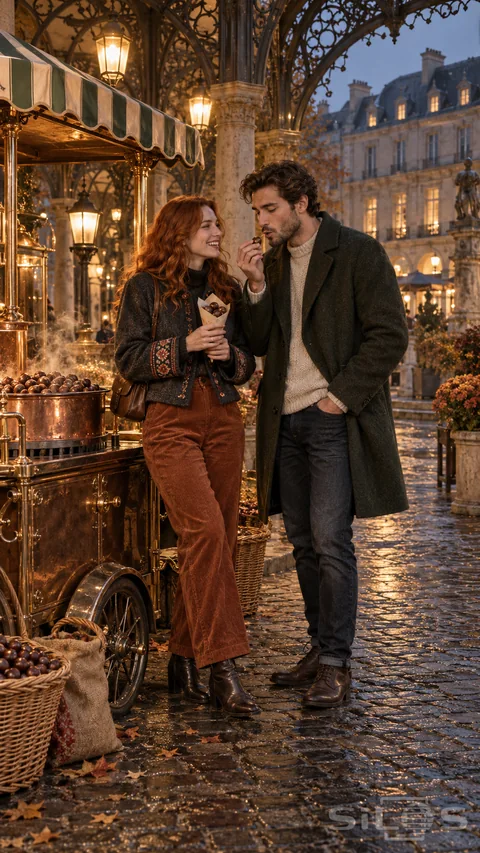 Two friends share a chestnut market moment beside a steaming copper cart beneath a lamplit stone arcade.
