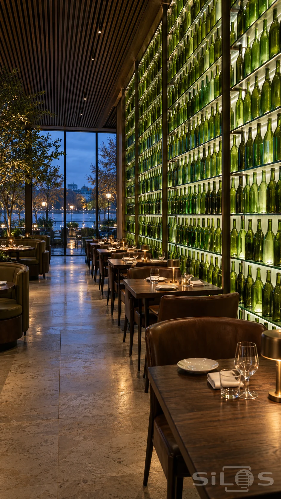 Full-height illuminated rows of green glass bottles beside walnut dining tables and leather chairs at blue hour
