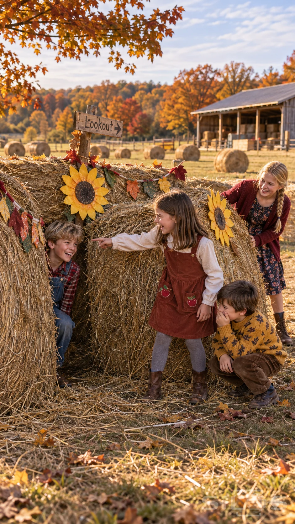 Four children laugh around a hay bale fort decorated with paper sunflowers and autumn bunting during a game of hide-and-seek.