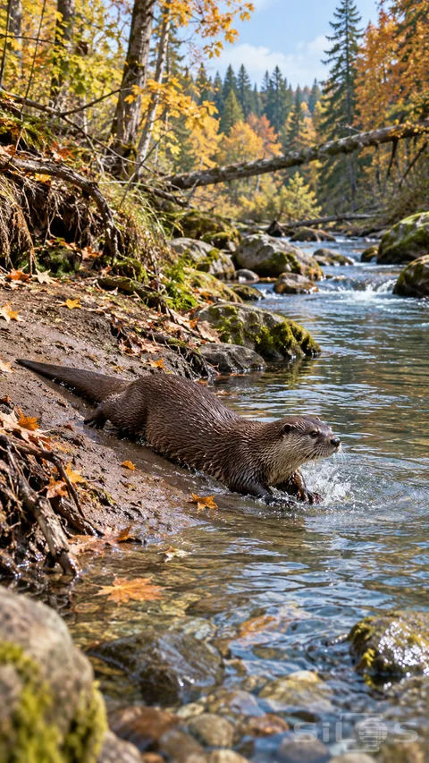 A river otter slides down a muddy bank with its forepaws entering a woodland stream beneath gold autumn trees.