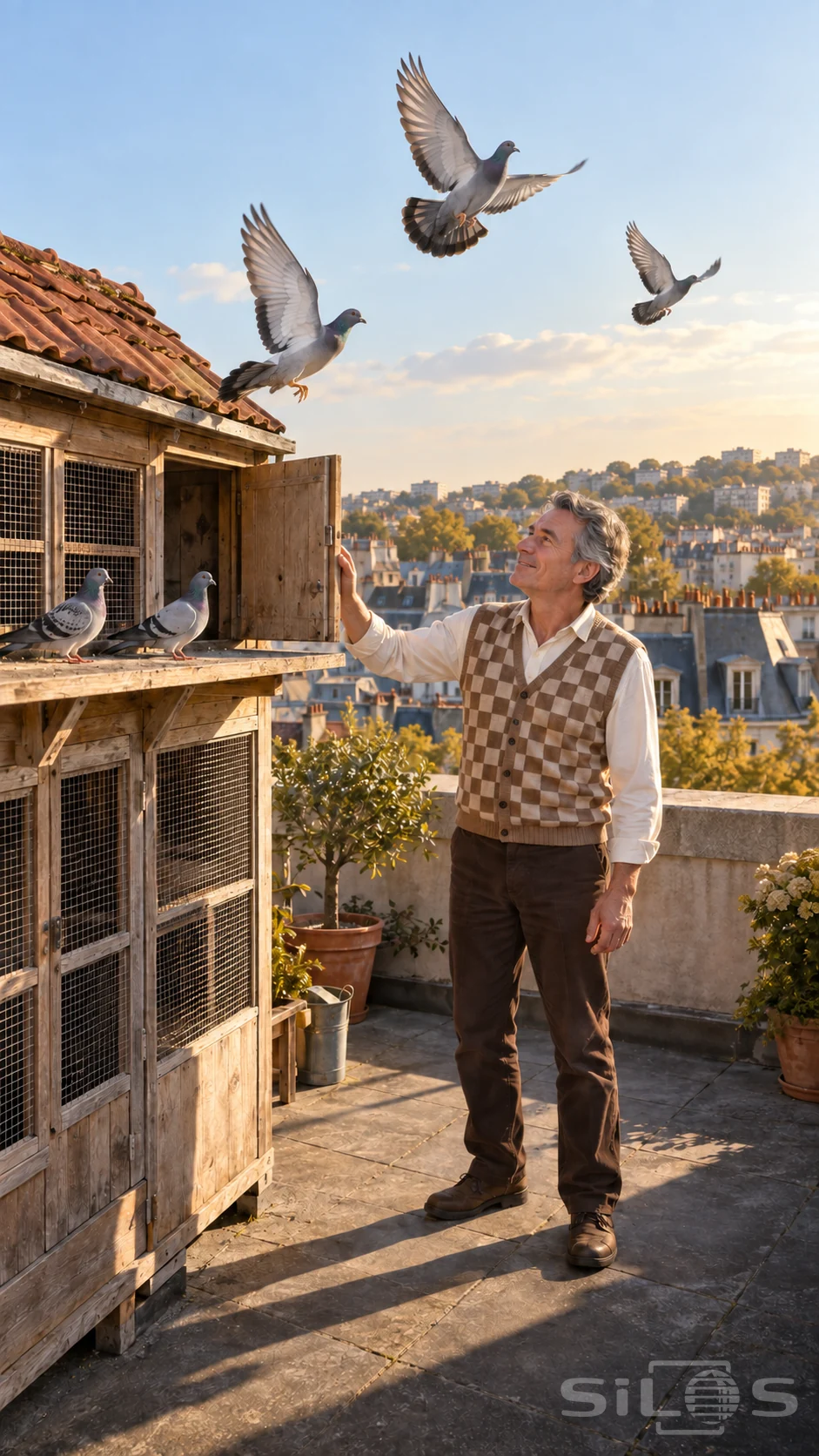 A man in a tan checkerboard vest watches three pigeons fly above a timber rooftop loft while two birds remain perched.