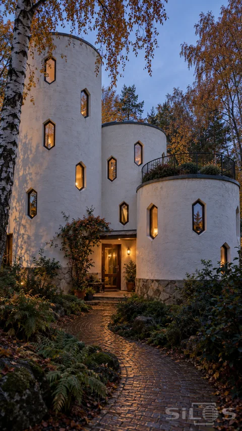 Three white cylindrical house volumes with glowing hexagonal windows and a planted roof terrace stand beside a wet brick path and birches.