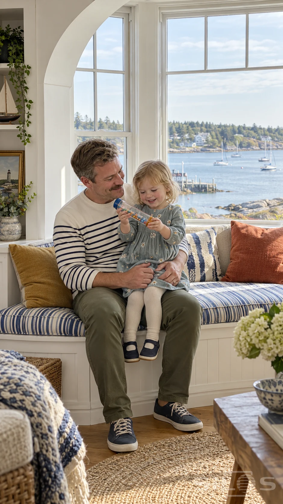 A toddler in a daisy dress watches rainstick beads from her father's lap on a striped window seat overlooking a harbor.