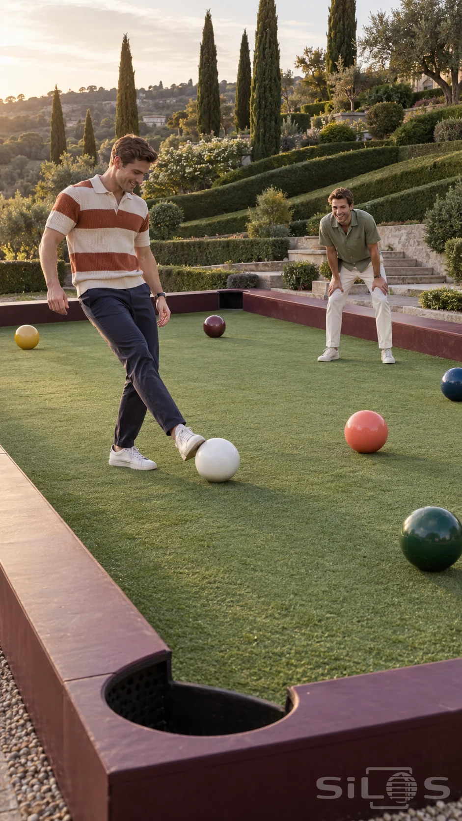 Two men play foot billiards on a large green court with plum rails, colored balls and terraced cypress gardens behind.